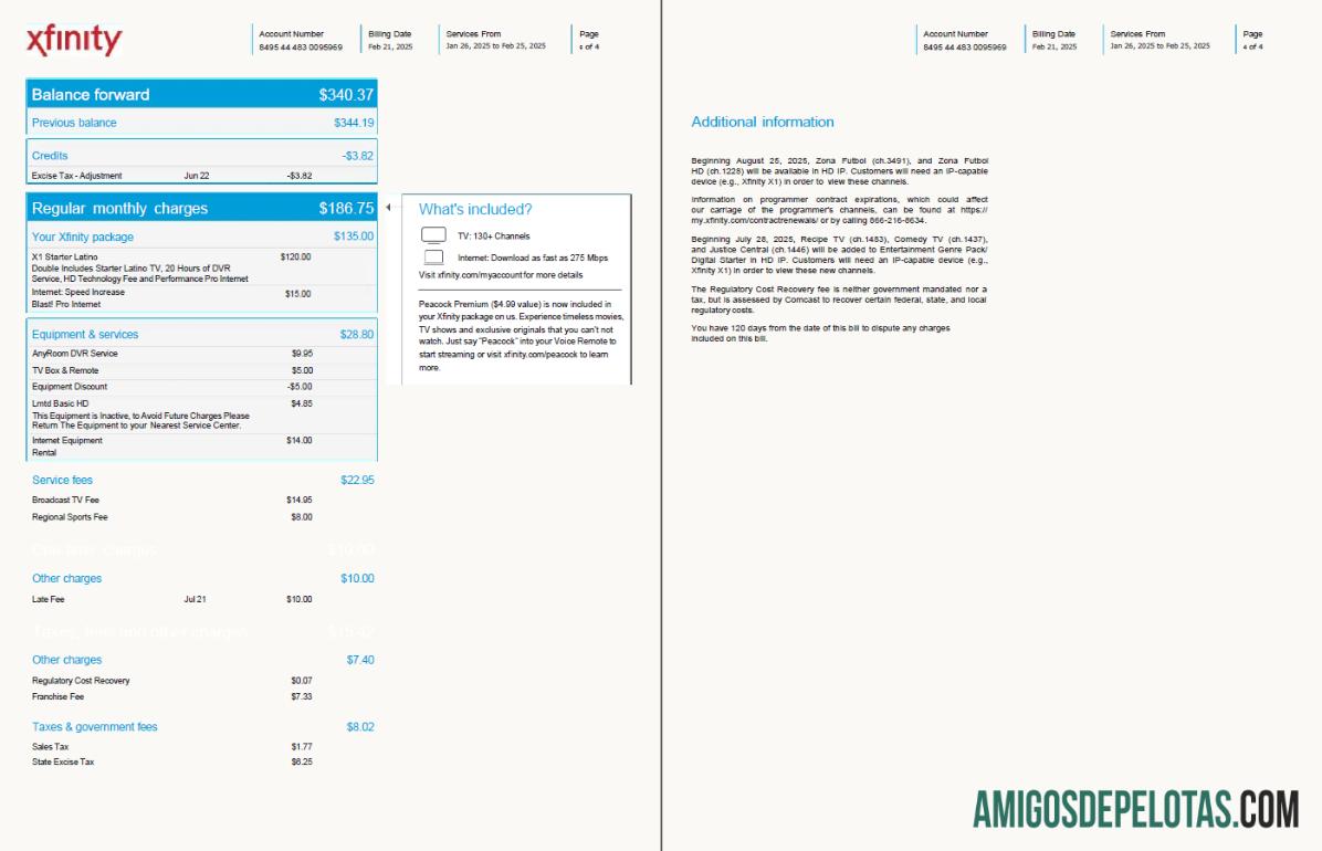 imprimível Modelo de fatura de serviços públicos Xfinity dos EUA em formatos Word e PDF, 4 páginas, versão 2, 3 4 páginas